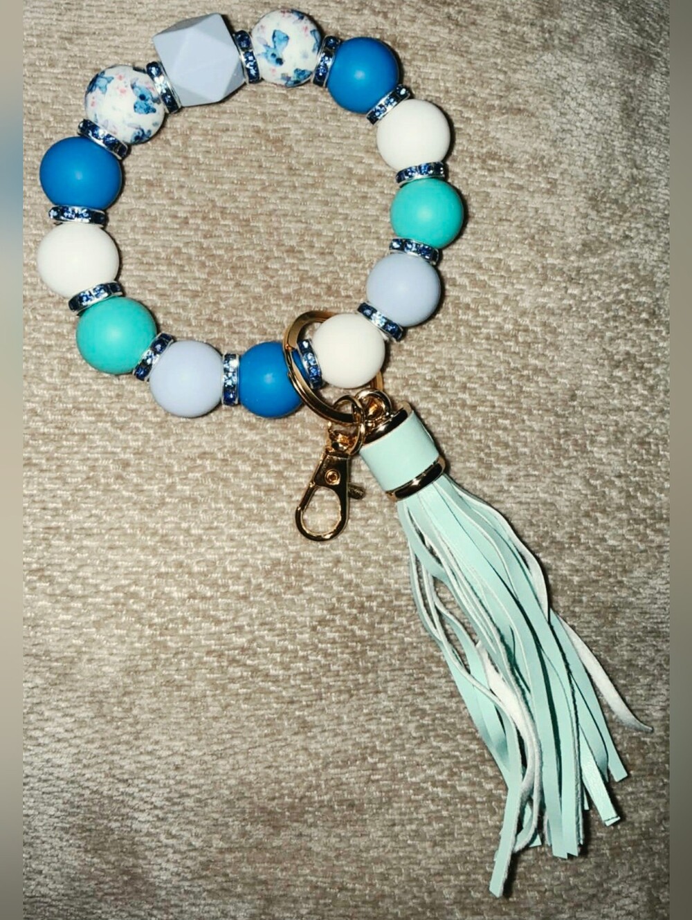 Aqua & Blue Beaded Tassel Keyring Bracelet
